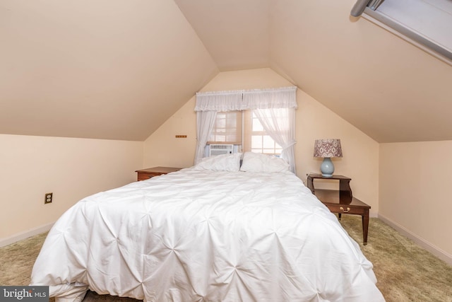 bedroom featuring carpet floors, lofted ceiling, cooling unit, and baseboards