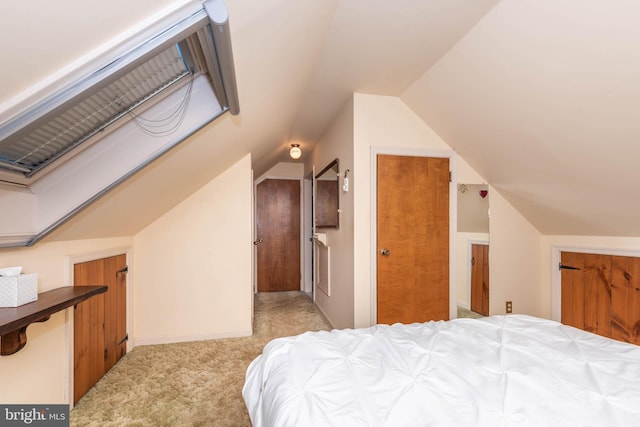 carpeted bedroom with lofted ceiling