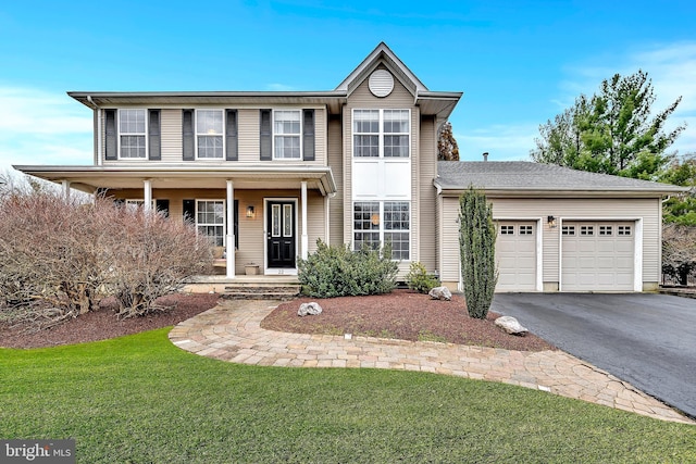 traditional-style house featuring a garage, a porch, a front lawn, and aphalt driveway