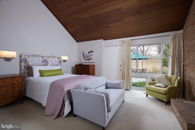 bedroom featuring wood ceiling, brick wall, access to exterior, vaulted ceiling, and carpet floors