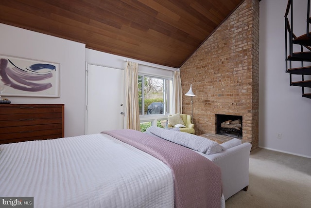 carpeted bedroom featuring lofted ceiling, a fireplace, wood ceiling, and baseboards