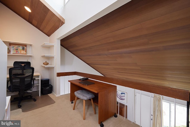 office area with vaulted ceiling, carpet floors, and wooden ceiling