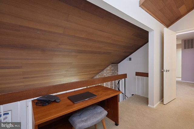 office area featuring light carpet, wooden ceiling, visible vents, and lofted ceiling