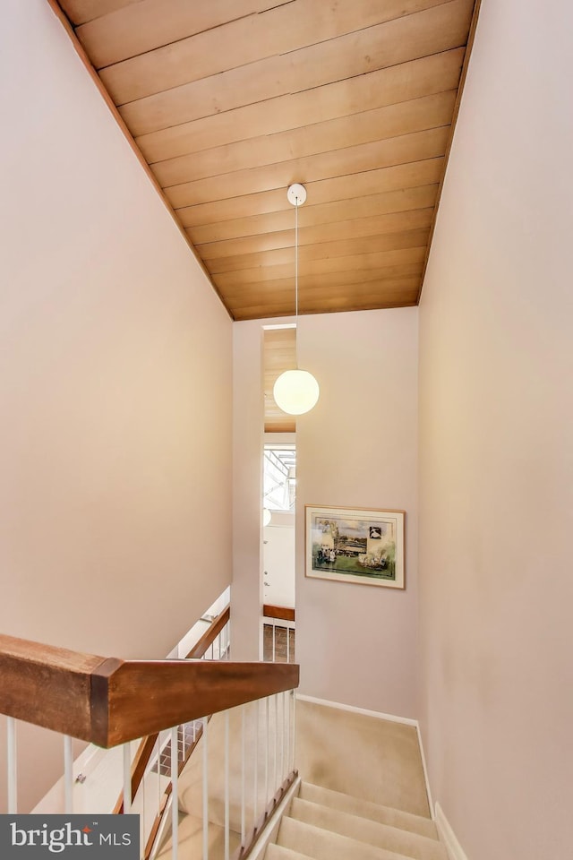 stairway with carpet, wooden ceiling, and baseboards