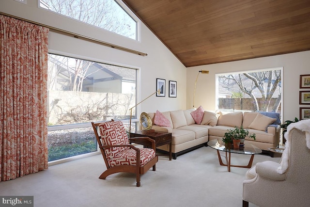 carpeted living room with wood ceiling and high vaulted ceiling