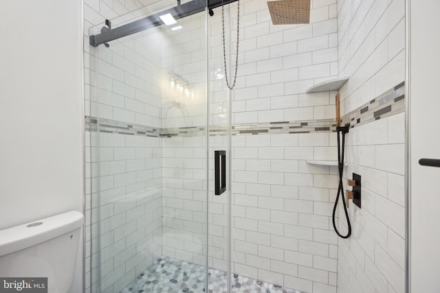 bathroom featuring a shower stall and toilet