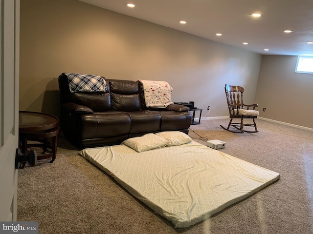 carpeted living room with baseboards and recessed lighting