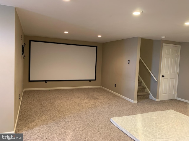 home theater featuring carpet, baseboards, and recessed lighting