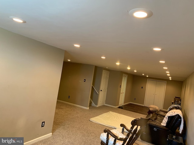 interior space featuring stairs, recessed lighting, carpet, and baseboards