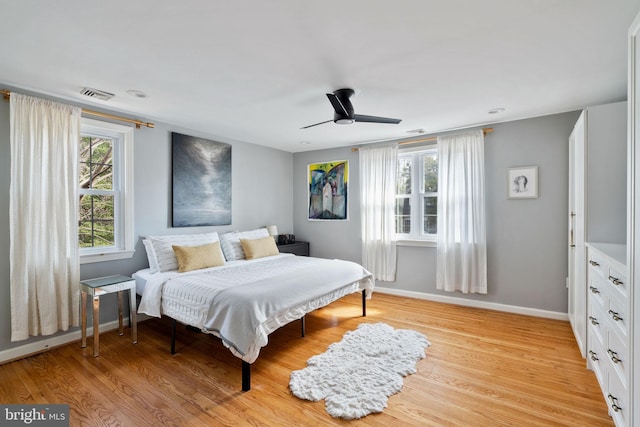 bedroom featuring light wood finished floors, baseboards, visible vents, and ceiling fan