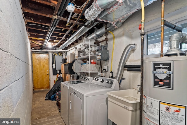 laundry area with washer and clothes dryer, water heater, a sink, laundry area, and electric panel