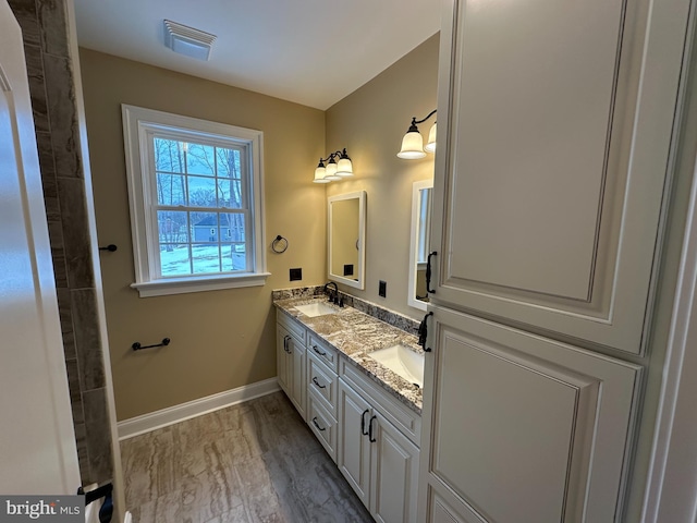 bathroom featuring visible vents, a sink, baseboards, and double vanity