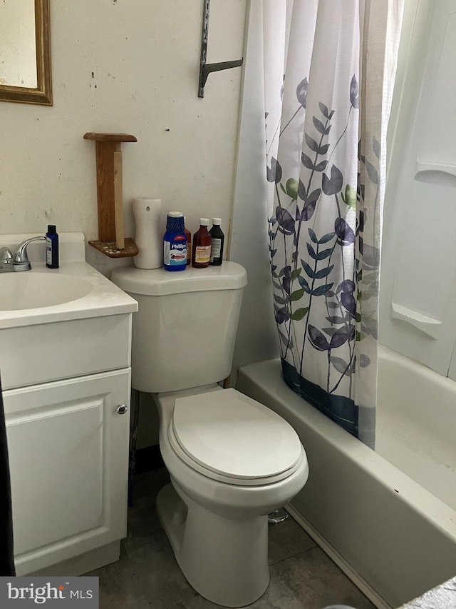 full bath with toilet, shower / bath combination with curtain, and vanity