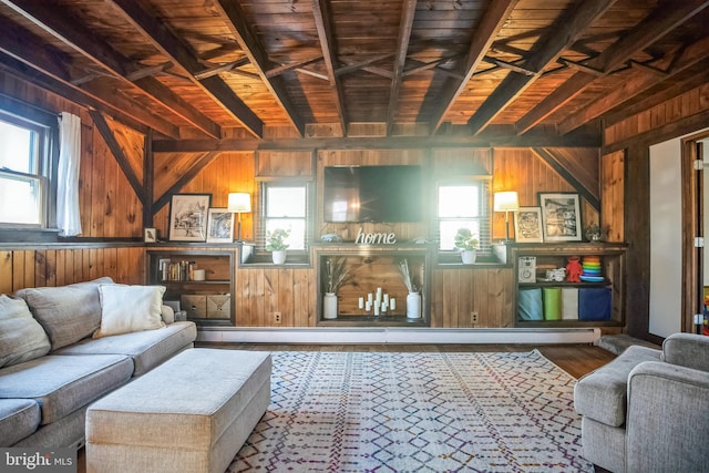 living room featuring wood walls, plenty of natural light, beamed ceiling, and wood finished floors