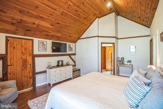 bedroom featuring baseboards, wood ceiling, high vaulted ceiling, and dark wood-type flooring