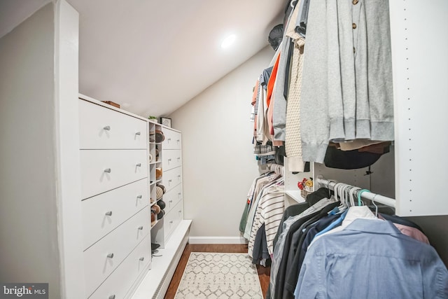 walk in closet with mail area and wood finished floors