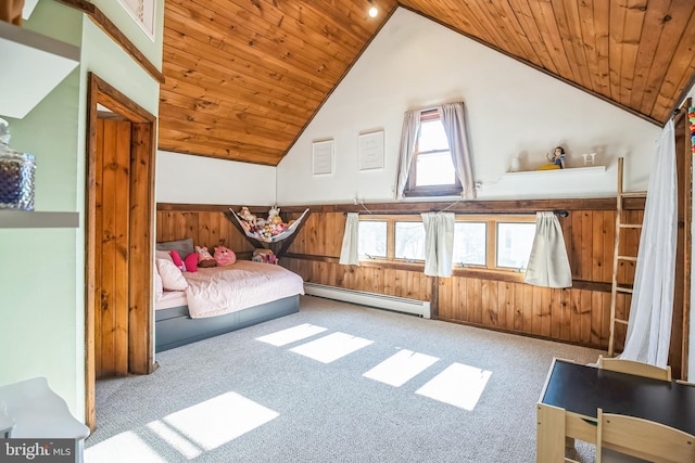 bedroom with carpet floors, a wainscoted wall, a baseboard heating unit, wood ceiling, and wood walls