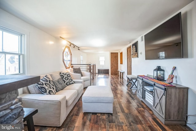 living room featuring dark wood-style flooring