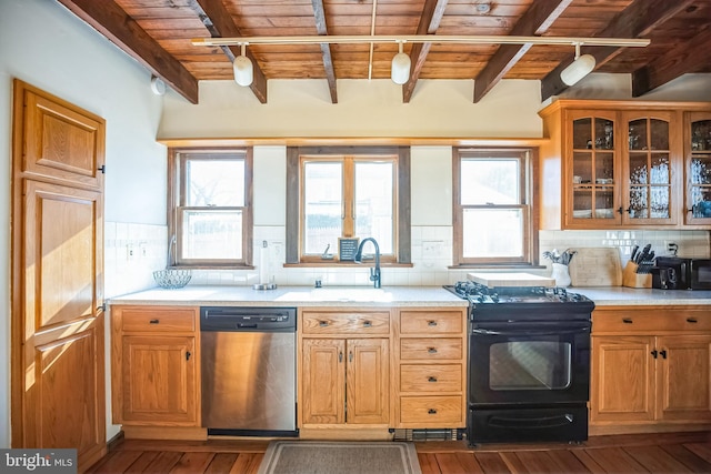 kitchen featuring wood ceiling, black electric range, stainless steel dishwasher, light countertops, and beam ceiling