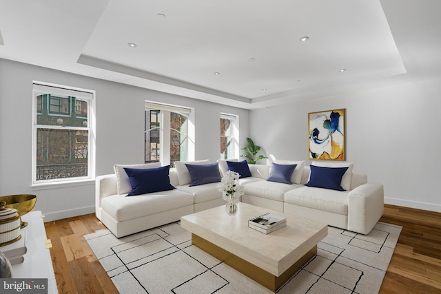 living area with a raised ceiling, light wood-style flooring, and baseboards