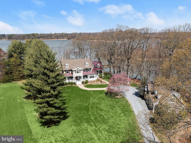 aerial view featuring a water view