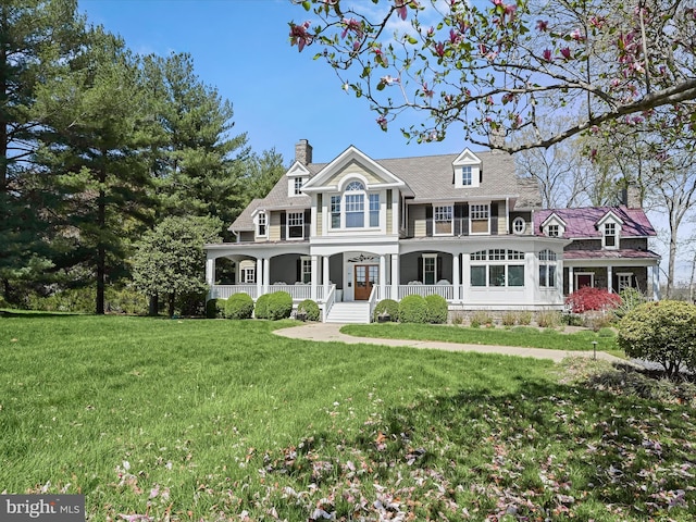view of front facade with a porch, a chimney, and a front yard