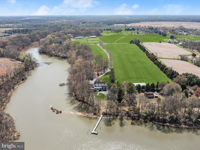 drone / aerial view with a rural view and a water view