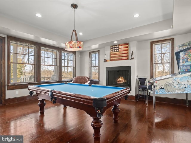 recreation room featuring hardwood / wood-style floors, baseboards, and billiards