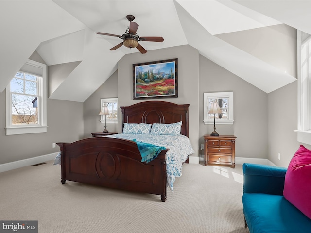 bedroom with baseboards, vaulted ceiling, visible vents, and carpet floors