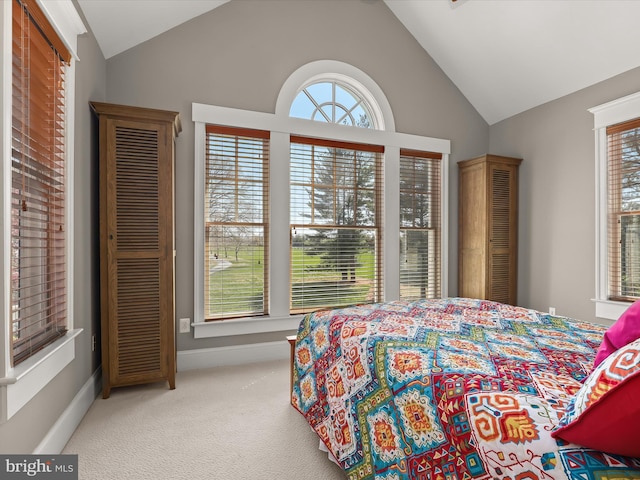 bedroom with baseboards, vaulted ceiling, and carpet floors