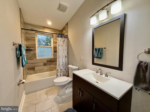 bathroom featuring vanity, visible vents, shower / bath combo, tile patterned flooring, and toilet