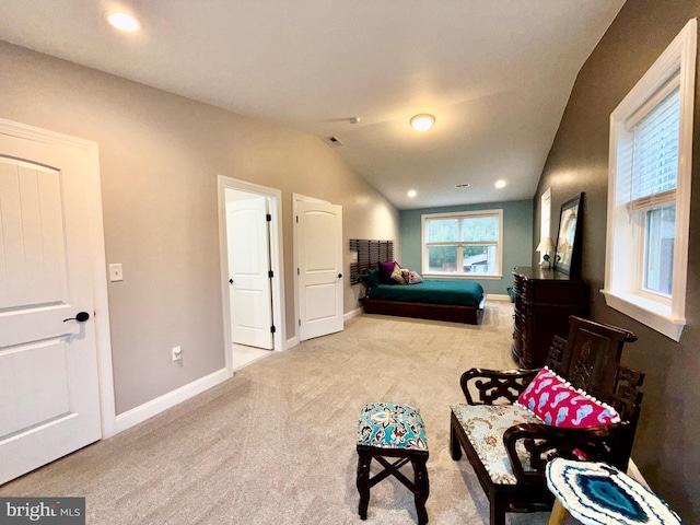 bedroom with recessed lighting, baseboards, lofted ceiling, and carpet flooring