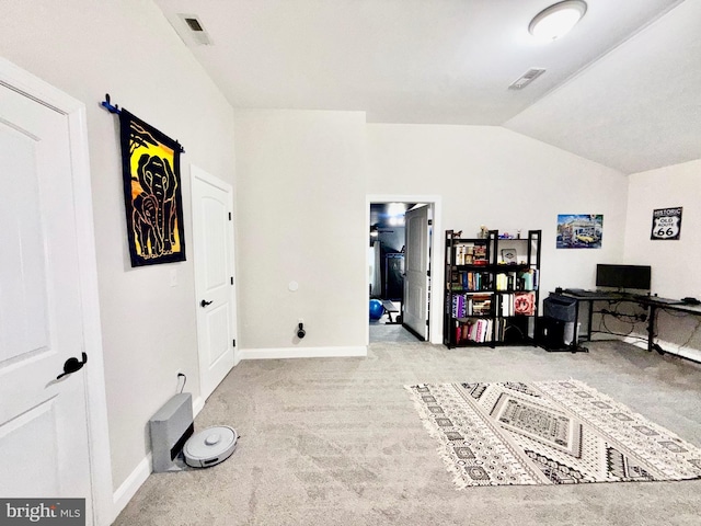 game room featuring visible vents, carpet floors, baseboards, and vaulted ceiling