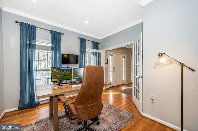 home office featuring recessed lighting, wood finished floors, baseboards, french doors, and crown molding