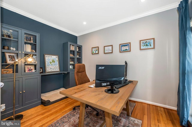 home office featuring ornamental molding, recessed lighting, wood finished floors, and baseboards