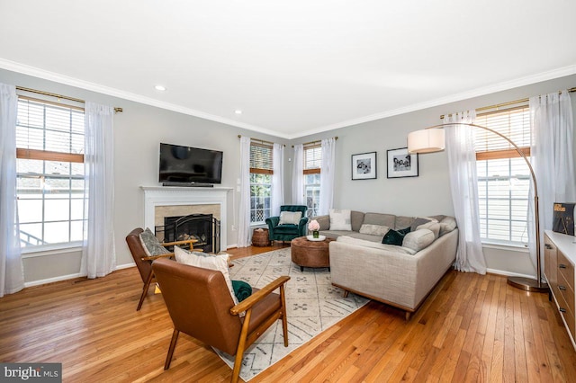 living area with light wood-type flooring, crown molding, baseboards, and a premium fireplace