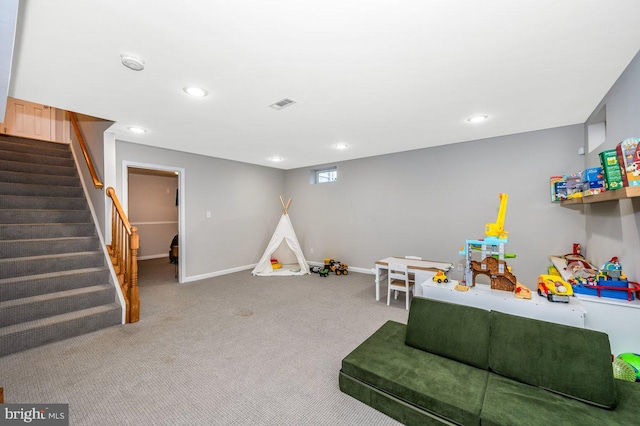 playroom featuring recessed lighting, carpet, visible vents, and baseboards