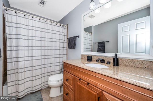 full bathroom with toilet, tile patterned flooring, visible vents, and vanity