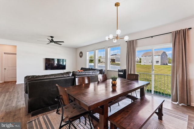 348 Tyson Dr, Berryville, VA 22611 - dining area with wood finished floors, a chandelier, and ceiling fan