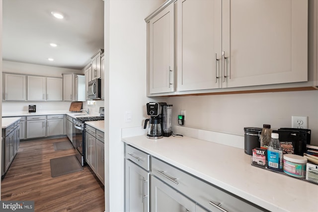 348 Tyson Dr, Berryville, VA 22611 - kitchen featuring appliances with stainless steel finishes, gray cabinetry, recessed lighting, dark wood-style flooring, and light countertops