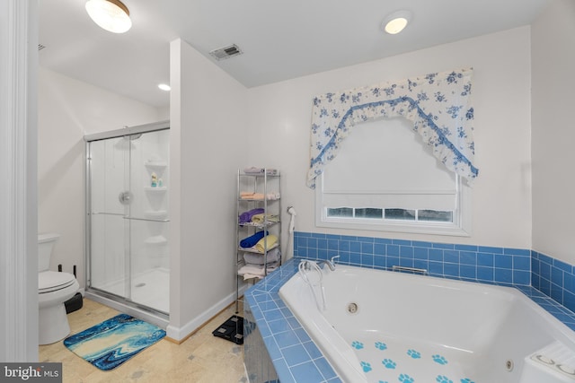 bathroom with tile patterned flooring, toilet, visible vents, a shower stall, and a tub with jets