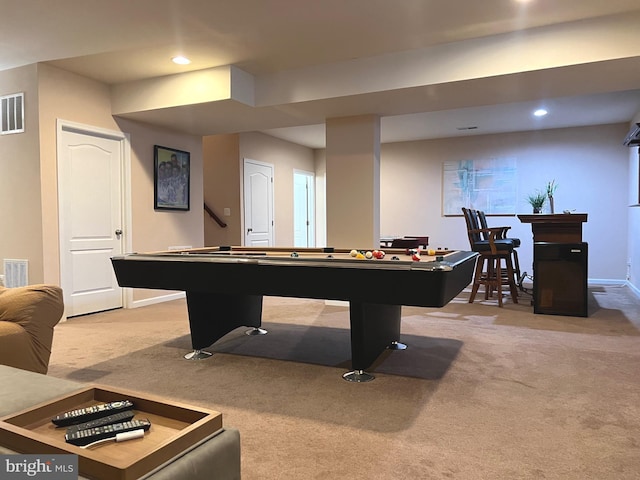 game room featuring visible vents, recessed lighting, baseboards, and carpet