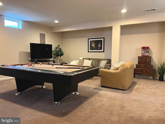 recreation room with visible vents, recessed lighting, baseboards, and carpet