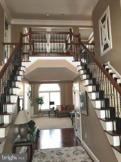 interior space featuring crown molding, stairs, a high ceiling, and wood finished floors