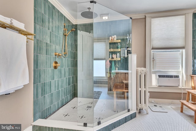 full bathroom featuring tiled shower and cooling unit