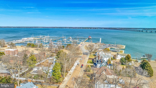 drone / aerial view featuring a water view