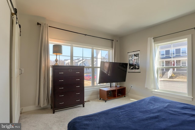 bedroom featuring carpet, baseboards, and a barn door