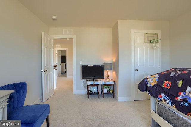 bedroom with carpet flooring, visible vents, and baseboards