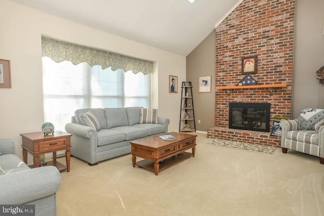 living area with carpet floors, high vaulted ceiling, and a fireplace