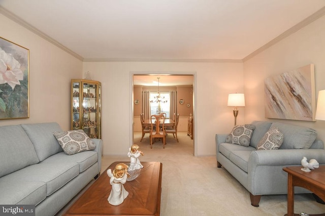 living area featuring light carpet, a chandelier, and ornamental molding